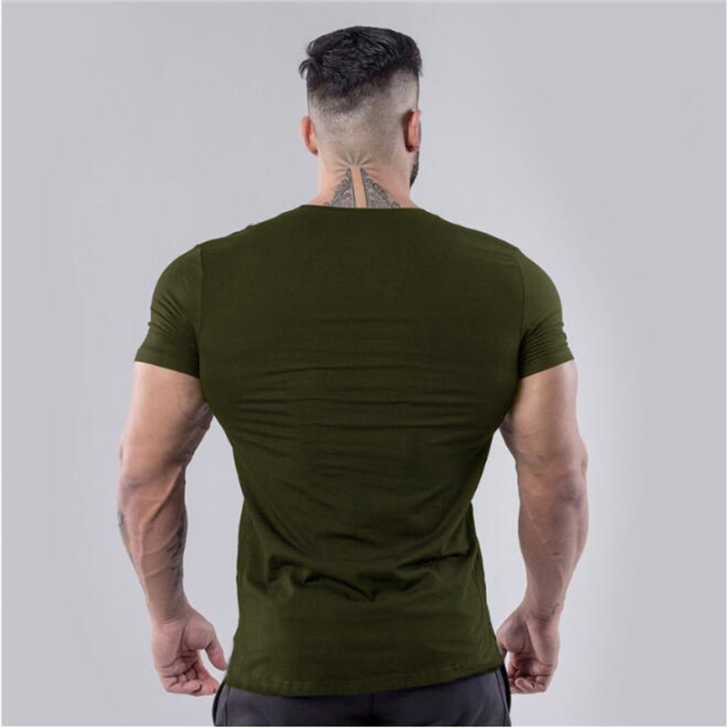 Plain Cotton Gym T-shirt Men Summer Fitness Clothing V-Neck Short Sleeve T shirt Slim Fit Tshirt Bodybuilding Workout Tees Tops