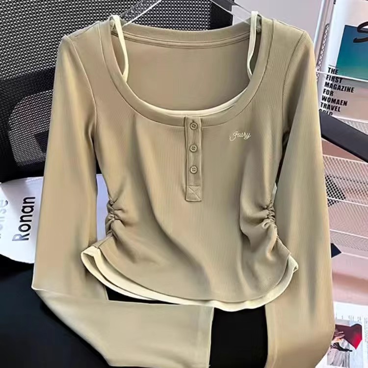 2024 Women's Khaki Colour Fake Two Piece Autumn Long Sleeve Top